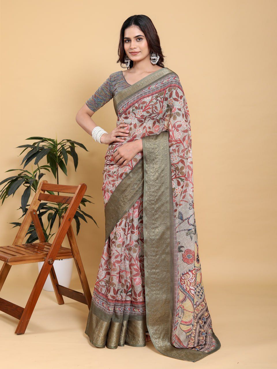 Elegant Beige Kalamkari Digital Print Saree with Elephant Motif & Olive Green Zari Border | Premium Jacquard Linen Cotton Saree for Festive & Cultural Events